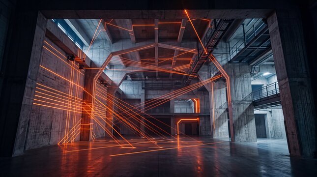 Futuristic Laser Grid Inside Concrete Industrial Warehouse