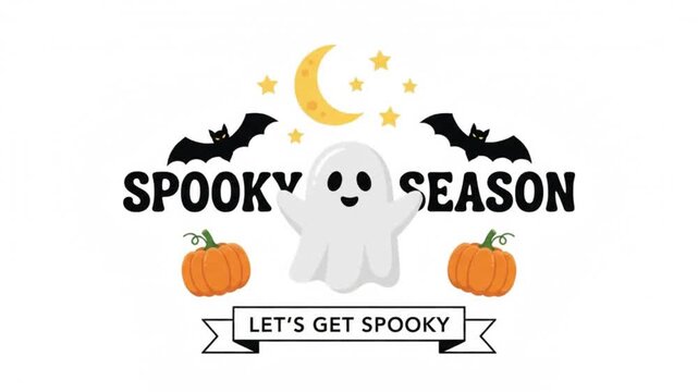 Black bat silhouette and ghost flying across a white background in 2d animation spooky season halloween