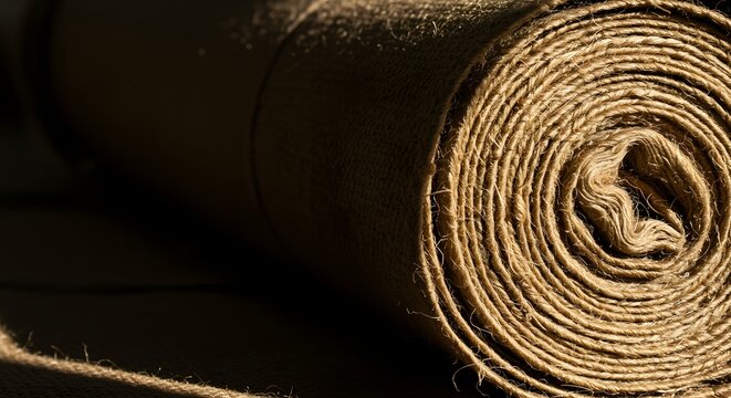 Coiled roll of rustic natural jute fabric with material background packaging sustainable