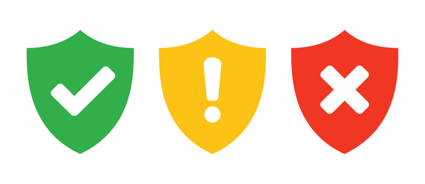 Shield Icons, check mark, exclamation, X symbols for security status, success, warning, failure, protection, verification, and digital design.