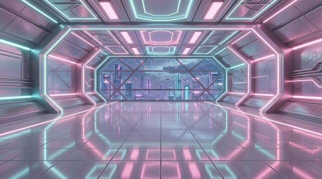 Futuristic Sci-Fi Corridor Overlooking Modern Cyberpunk City