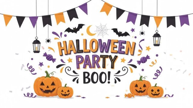 Animated colorful bunting flags halloween party hanging against a clean white background 