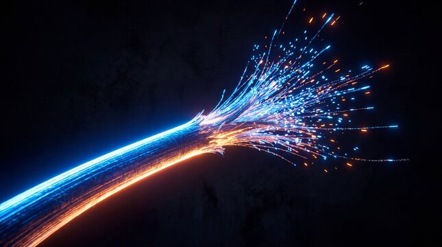 Glowing Fiber Optic Cable Transmitting Fast Data