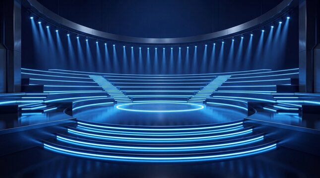 Modern Virtual Studio Stage with Blue Neon Lights