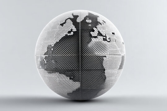 Black and white globe, halftone pattern, abstract world map, spherical shape, modern, minimal, creative design