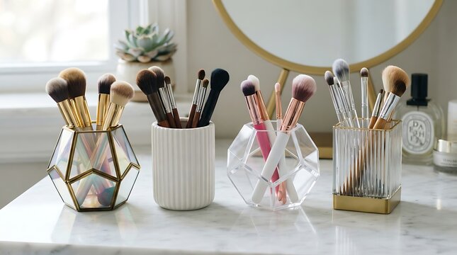 Decorative makeup brush holders made of glass and ceramic filled with professional makeup brushes vanity organization makeup accessories