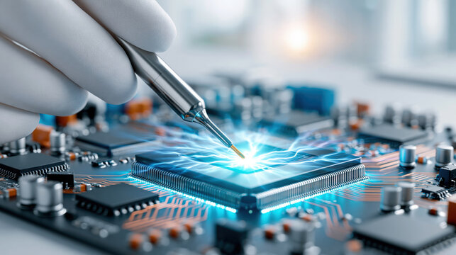 Gloved hand soldering microchip on circuit board with glowing energy effect, high tech electronic repair and precision engineering