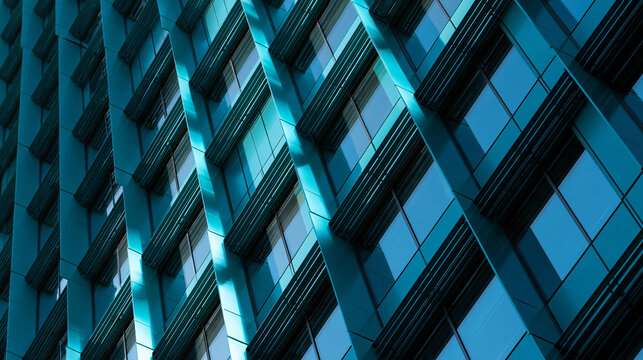 Modern Blue Skyscraper Facade with Geometric Windows Pattern