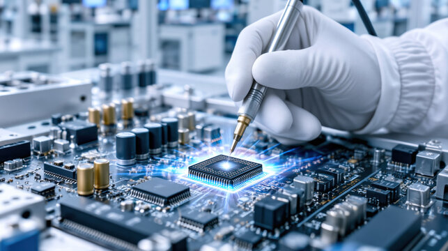 Gloved hand soldering microchip on circuit board, close up cinematic macro electronic repair with glowing chip and tools