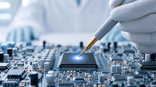 Circuit board repair technician soldering microchip with precision tool on electronic motherboard, clinical workspace and focused atmosphere