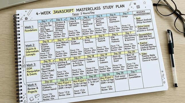 Close up of a handwritten study plan in a spiral notebook on a wooden desk with spectacles and a black pen handwritten schedule academic pla
