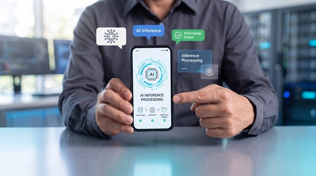 Person holding a smartphone with artificial intelligence inference inference processing digital