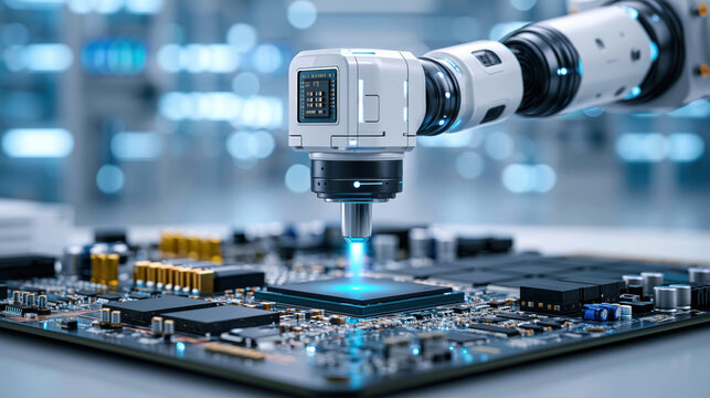 Precision robotic arm soldering microchip on circuit board with blue inspection light and futuristic clean laboratory ambiance