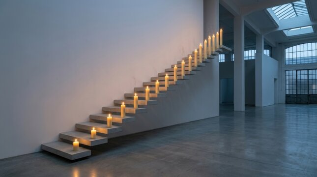 Modern Staircase Lined with Glowing Candles on Every Step in Hall