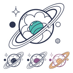 Planet saturn icons set with rings and clouds in four different color variations on a white background, flat © Abu