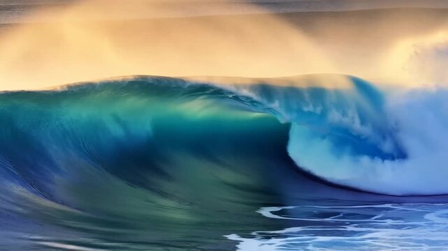 Ocean wave rises and curls into a breaking barrel above the moving sea surface