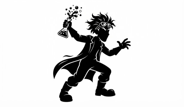 Mad scientist chemist silhouette holding flask funny chemistry experiment vector