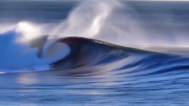 Large ocean wave curls with windblown spray over open water in blue daylight