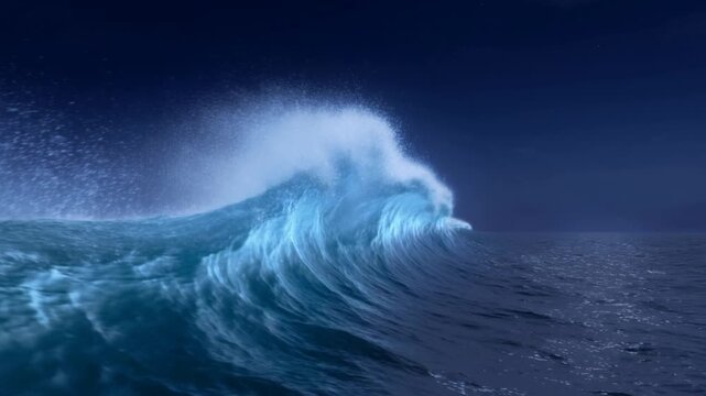 Ocean wave breaking and curling with windblown spray on dark open sea