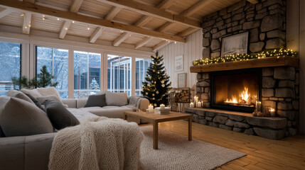 Obraz premium Cozy chalet lounge with stone fireplace, Christmas tree, warm lighting, wooden ceiling, winter view, inviting atmosphere