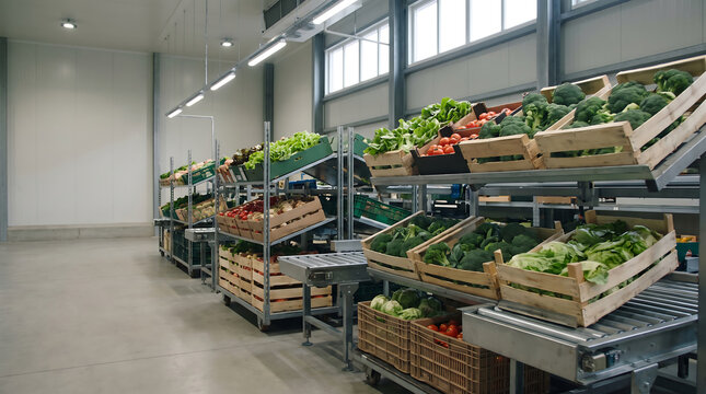 Wooden crates filled with fresh green vegetables and herbs stored on metal industrial shelving racks inside a modern distribution warehouse produce storage agricultural