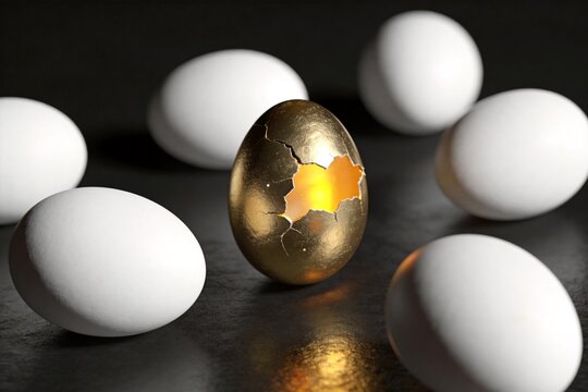 Cracked golden egg among white eggs revealing a golden interior. Concept of breakthrough, hidden potential, innovation, creativity and transformative ideas.