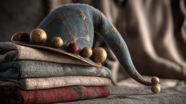 A detailed image of an elf's hat and bells resting on a stack of neatly folded blankets. Ensure the top-left background is intentionally left plain and empty. 