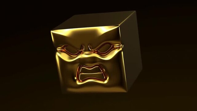 Gold cube with angry face sculpture on dark background