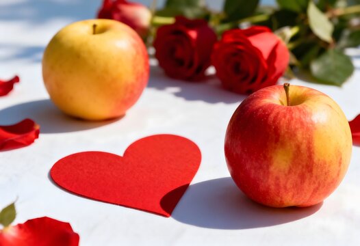 Apples and red rose flowers beside a heart shape on white fabric with valentine, anniversary