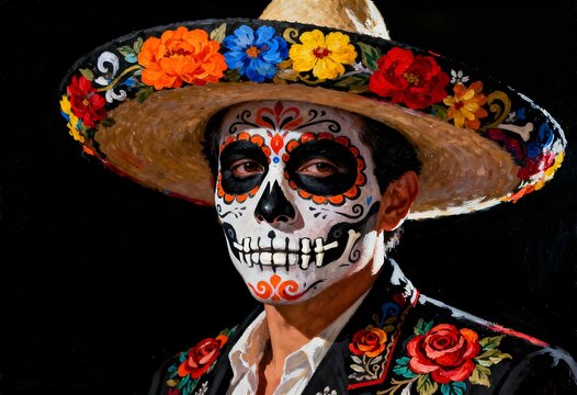 Portrait of man with traditional face painting and charro sombrero for cinco de mayo, sombrero