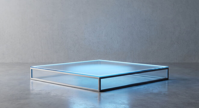 Minimalist glowing blue neon square glass podium on a concrete floor for product display. Blank transparent display stand with blue led light edges in a modern empty room.