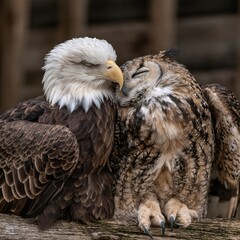 Obraz premium Bald eagle and a great horned owl resting together side by side in a natural environment