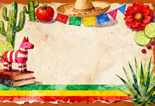Watercolor cinco de mayo background with pinata and festive decor cincodemayo watercolor sombrero