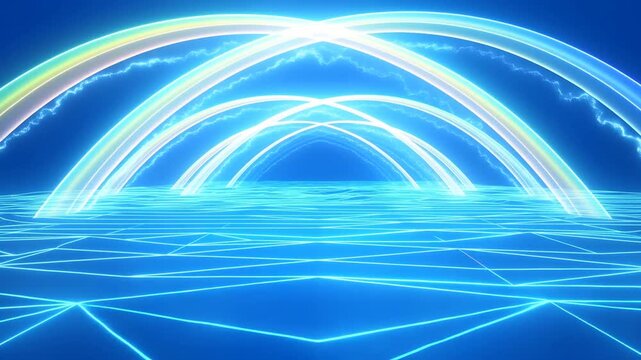 Glowing digital network grid with arcing data lines on blue abstract background