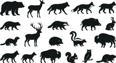 Obraz premium Forest animals and wild fauna black silhouette set vector isolated on white background with bear deer wolf fox boar bison hedgehog