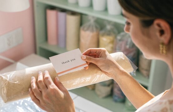 Detail shot of an entrepreneur adding a personal touch to a package for an online shop order.