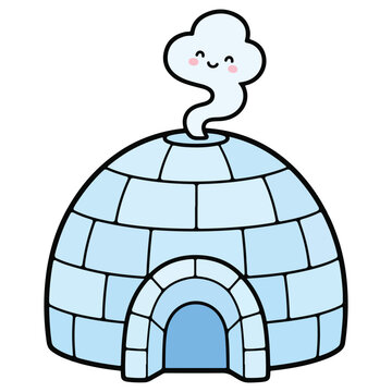 A cute cartoon igloo illustration featuring a small friendly smoke cloud rising from the top of the icy arctic shelter on a clean white background