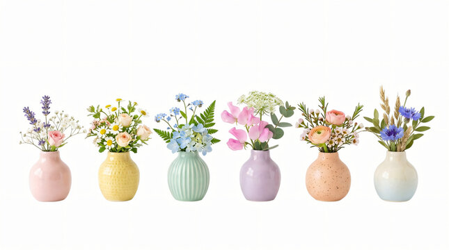Pastel ceramic vases with fresh spring flowers. Six decorative tabletop arrangements on white background