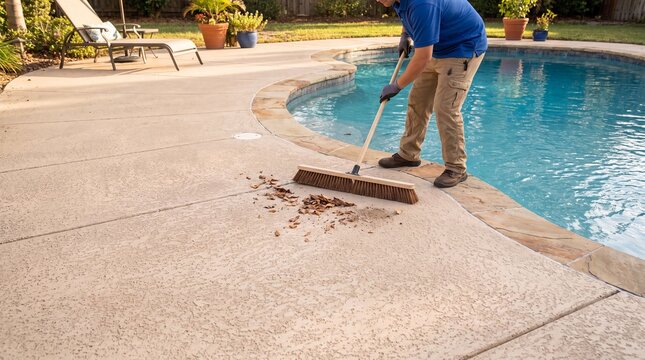 Pool Technician Cleaning Leaves From Residential Concrete Decking