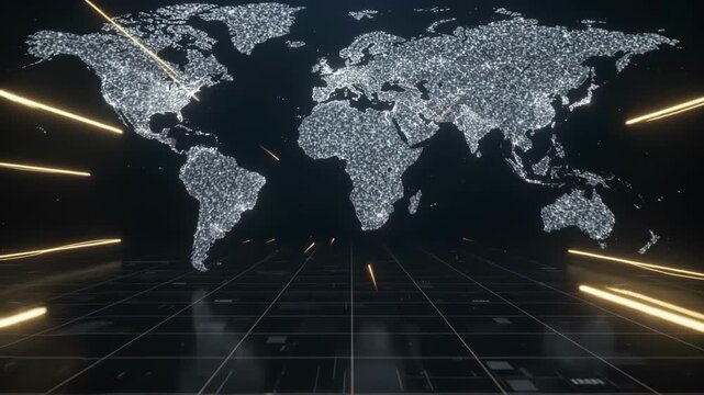 Digital world map with glowing connections and abstract lines representing global network and technology.