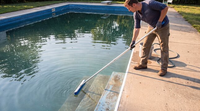 Residential Pool Care Specialist Scrubbing Steps With Long Handled Brush
