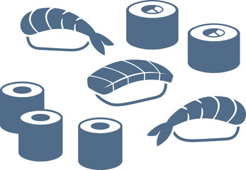 Japanese sushi vector icons set. Minimalist blue nigiri and maki rolls collection. Flat seafood illustrations for restaurant menus. © Anas