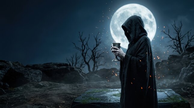 Hooded witch holding chalice during mystical midnight ritual under full moon