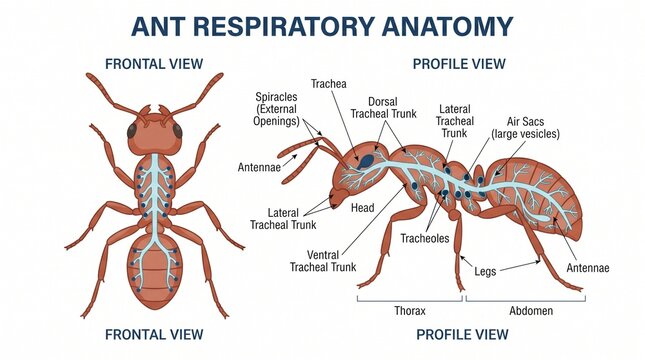 Educational Diagram of Ant Respiratory Anatomy Showing Trachea and Spiracles