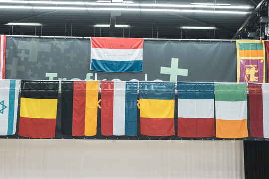Eighteen flags at an international tournament in the Netherlands.