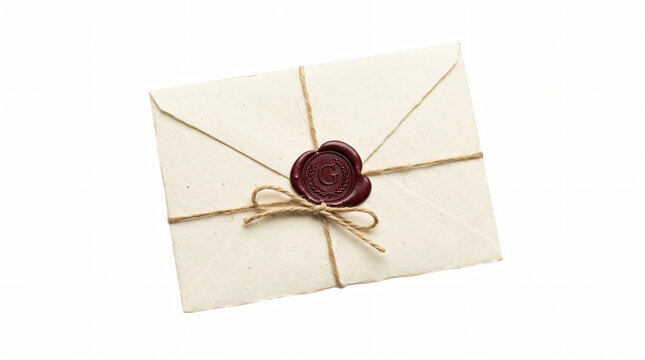 Vintage letter envelope with wax seal and twine string. Handmade parchment paper package