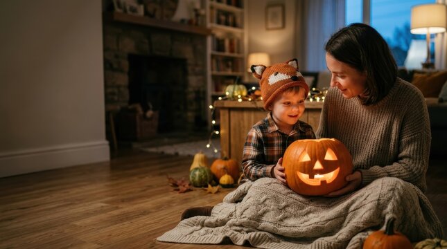 Mother and child sharing a magical Halloween moment over a glowing pumpkin in a cozy home setting with large copy space.