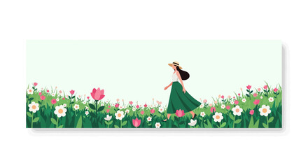 Fototapeta premium Minimalist Woman Walking Through Spring Flower Field Vector Illustration Banner