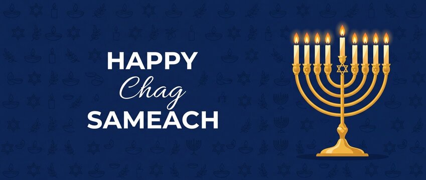 Hanukkah menorah Chag Sameach banner featuring glowing candles on dark blue background for Jewish holiday celebration, festival of lights greeting template vector illustration with copy space