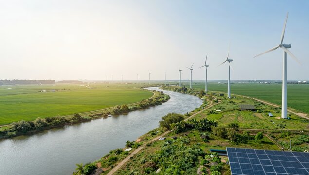 Drone view of wind turbines along a river with solar panels in the foreground